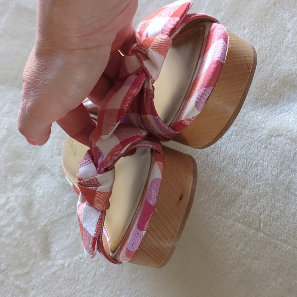 J. Crew Printed Plaid Clog Bow Heels Sandals Slide Sz 8 New Box Red White Purple - Picture 13 of 13